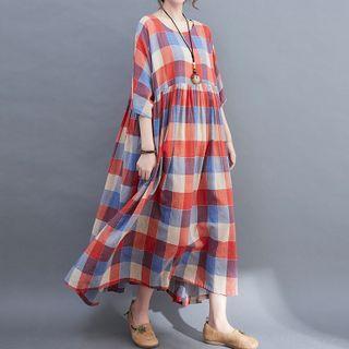 Plaid Maxi A-line Dress Plaid - Red - One Size