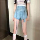Striped Short-sleeve Slim-fit Knit Top / High-waist Denim Shorts