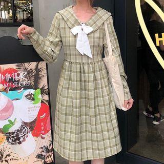 Plaid Sailor Collar Long-sleeve A-line Dress