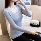 Plain V-neck Long-sleeve Knit Sweater
