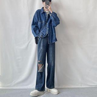 Denim Jacket / Distressed Straight Leg Jeans