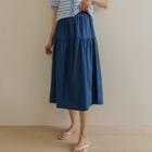 Band-waist Shirred Long Denim Skirt