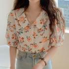 Puff-sleeve Floral Print Blouse Orange Floral - White - One Size