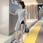 Elbow-sleeve Asymmetric Crinkled Slit T-shirt