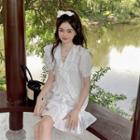 Short-sleeve V-neck Ruffle Drawstring Dress