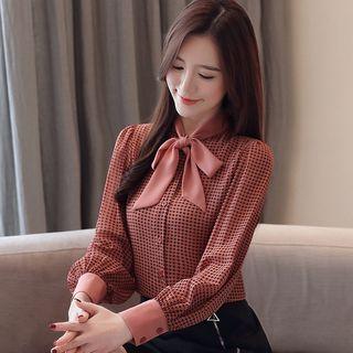 Lantern-sleeve Houndstooth Blouse