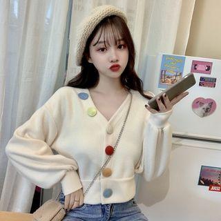 Button-accent Puff-sleeve Sweater
