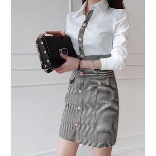 Metallic-button Houndstooth-panel Slim Shirtdress Check - One Size