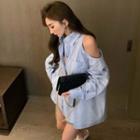 Off-shoulder Striped Boyfriend Shirt Blue - One Size