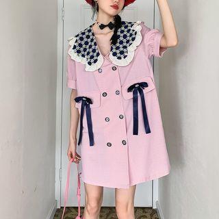 Elbow-sleeve Collar Ribbon Mini Dress