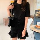 Shirred Ruffle Hem Mini Bodycon Dress Black - One Size