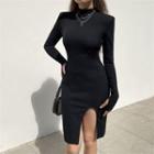 Plain Side-slit Long-sleeve Midi A-line Dress