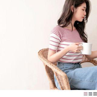 Short-sleeve Striped Square-collar Knit Top