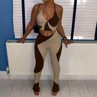 Set: Two Tone Cropped Camisole Top + Skinny Pants
