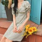 Short-sleeve Crinkled Floral A-line Mini Dress