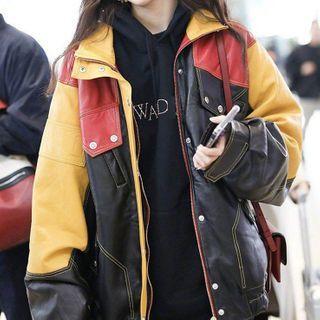 Color Block Faux Leather Button-up Jacket