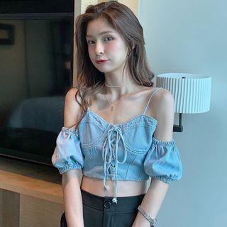 Cold-shoulder Denim Cropped Blouse Denim Blue - One Size