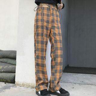 Wide-leg Tie-waist Plaid Pants