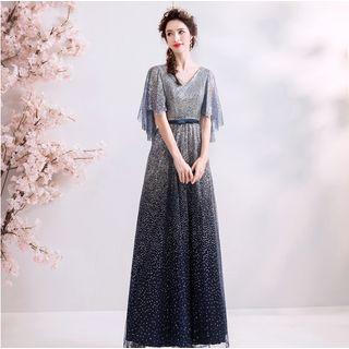 Elbow-sleeve Glitter Gradient A-line Evening Gown