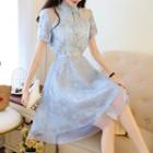Traditional Chinese Short-sleeve Mesh Overlay Floral A-line Dress