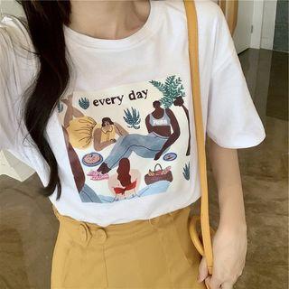 Cartoon Print Short-sleeve T-shirt / A-line Skirt