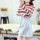 Set: Long-sleeve Striped Knit Top + Faux Leather Pencil Mini Skirt