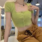 Short-sleeve Square-neck Cropped Knit Top Green - One Size