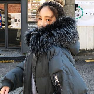 Faux-fur Hooded Puffer Long Coat Charcoal Gray - One Size