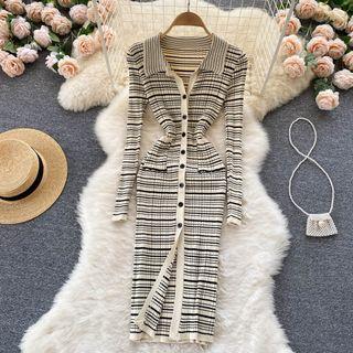 Lapel Striped Long-sleeve Knit Dress