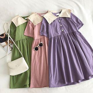 Color-block Single-breasted Short-sleeve Dress