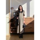 Chelsea-collar Checked Long Dress Beige - One Size
