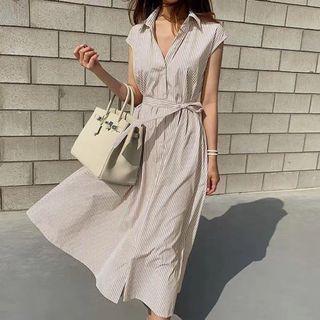 Cap-sleeve Striped Midi Shirt Dress