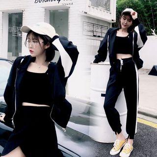 Set: Contrast-trim Zip Hooded Jacket + Jogger Pants