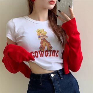 Short-sleeve Cartoon Print T-shirt / Plain Cardigan