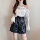 Pointelle-knit Cold-shoulder Sweater / High-waist Shorts