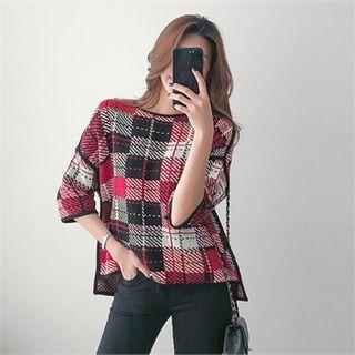 3/4-sleeve Plaid Knit Top