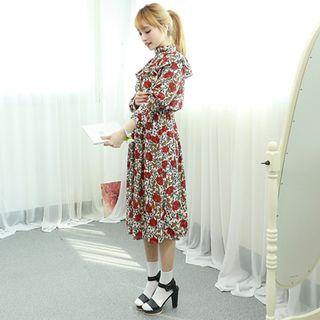 Floral Patterned Ruffle-trim Gathered-waist Dress