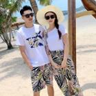 Couple Matching Printed Short-sleeve T-shirt / Cold Shoulder Short-sleeve T-shirt / Printed Shorts / Cropped Pants / Set