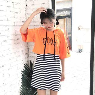 Set: Hooded Elbow-sleeve T-shirt + Striped Tank Dress