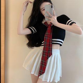 Short-sleeve Knit Top / Pleated Skirt / Tie