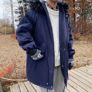 Furry Trim Drawstring Hooded Padded Coat