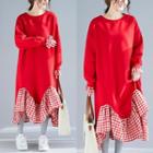 Plaid Panel Midi Pullover Dress Red - One Size