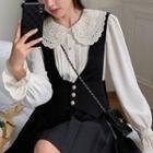Bell-sleeve Collared Eyelet Panel Blouse