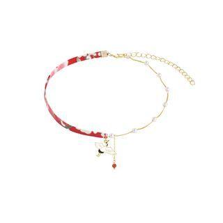 Crane Pendant Fabric Choker Necklace - Red & Gold - One Size