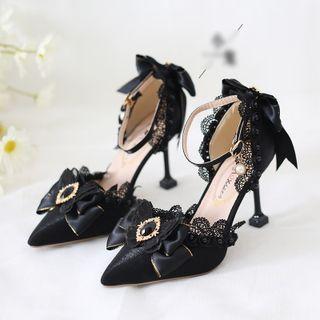 Stiletto Heel Lace Trim Bow Sandals