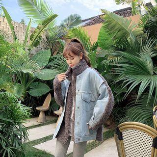 Denim Panel Drawstring Zip Jacket
