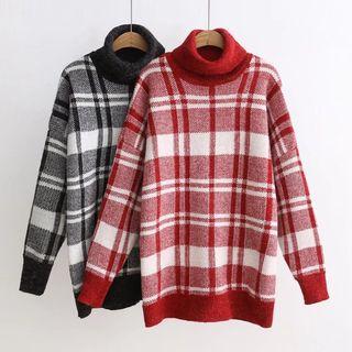 Plaid Turtleneck Long-sleeve Top