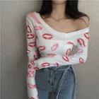 Lip Print Long-sleeve Top White - One Size