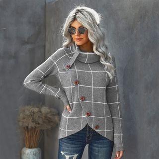 Mock-neck Plaid Button-up Asymmetrical Hem Knit Sweater