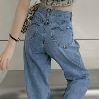 Short-sleeve Plaid Cropped Blouse / High-waist Wide-leg Jeans